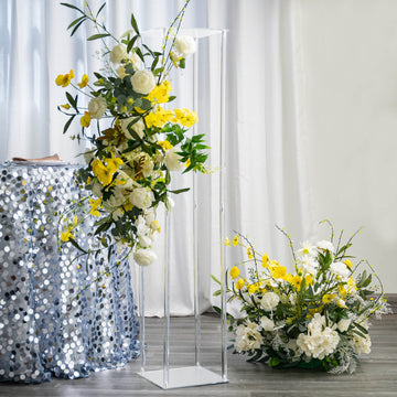 48" Clear Acrylic Floor Vase Wedding Column With Square Mirror Base, Flower Stand