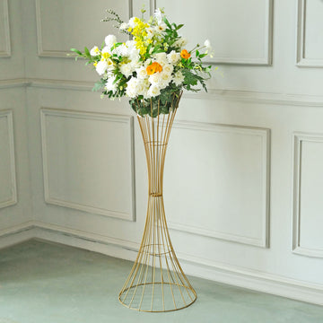 48" Tall Gold Metal Wire Hourglass Flower Frame Stand, Open Frame Reversible Trumpet Centerpiece Stand