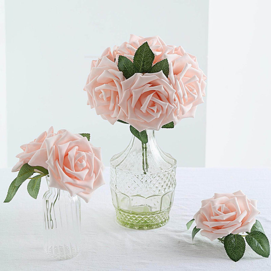 24 Roses | 5inch Rose Gold Blush Artificial Foam Flowers With Stem Wire and Leaves