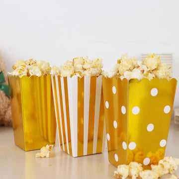 36 Pack 5" White Gold Design Mini Paper Popcorn Boxes, Candy Favor Disposable Bags - Stripe, Polka Dot, Solid Style