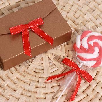 50 Pcs | 3" Saddle Stitch Ribbon Bows With Twist Ties, Gift Basket Party Favor Bags Decor - Red/White Polyester