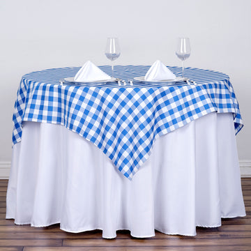 54"x54" | White/Blue Seamless Buffalo Plaid Square Table Overlay, Checkered Gingham Polyester Table Overlay