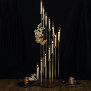 57" Gold 12 Arm Cluster Taper Candle Holder With Clear Glass Shades, Large Candle Arrangement