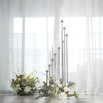 57" Silver 12 Arm Cluster Taper Candle Holder With Clear Glass Shades, Large Candle Arrangement