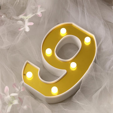 6" Gold 3D Marquee Numbers - Warm White 6 LED Light Up Numbers - 9