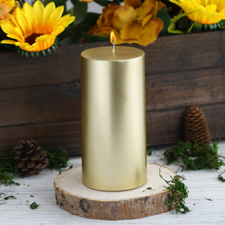 Add Elegance to Your Event with the 6" Metallic Gold Dripless Unscented Pillar Candle