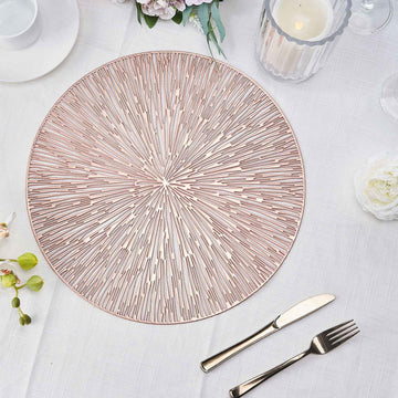 6 Pack 15" Rose Gold Metallic Non-Slip Placemats, Spiked Design Round Vinyl Table Mats
