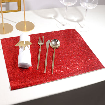 6 Pack | Red Sparkle Placemats, Non Slip Decorative Rectangle Glitter Table Mat
