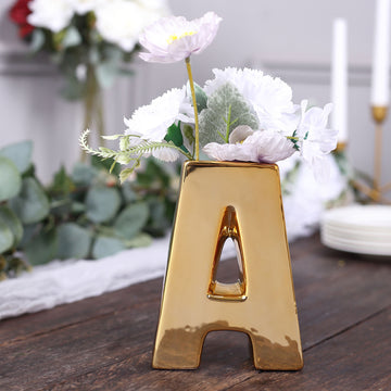 6" Shiny Gold Plated Ceramic Letter "A" Sculpture Bud Vase, Flower Planter Pot Table Centerpiece