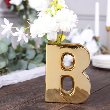 6" Shiny Gold Plated Ceramic Letter "B" Sculpture Bud Vase, Flower Planter Pot Table Centerpiece