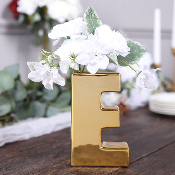 6" Shiny Gold Plated Ceramic Letter "E" Sculpture Bud Vase, Flower Planter Pot Table Centerpiece