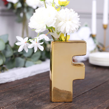 6" Shiny Gold Plated Ceramic Letter "F" Sculpture Bud Vase, Flower Planter Pot Table Centerpiece