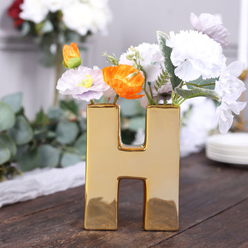 6" Shiny Gold Plated Ceramic Letter "H" Sculpture Bud Vase, Flower Planter Pot Table Centerpiece