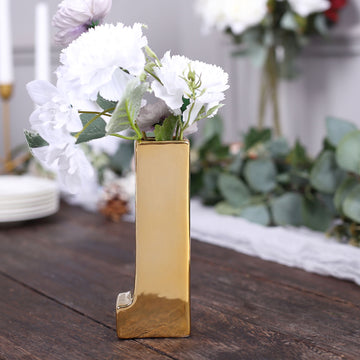 6" Shiny Gold Plated Ceramic Letter "J" Sculpture Bud Vase, Flower Planter Pot Table Centerpiece