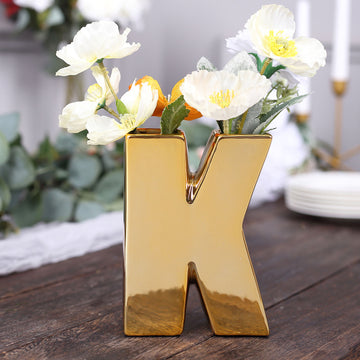 6" Shiny Gold Plated Ceramic Letter "K" Sculpture Bud Vase, Flower Planter Pot Table Centerpiece