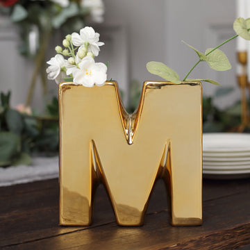 6" Shiny Gold Plated Ceramic Letter "M" Sculpture Bud Vase, Flower Planter Pot Table Centerpiece