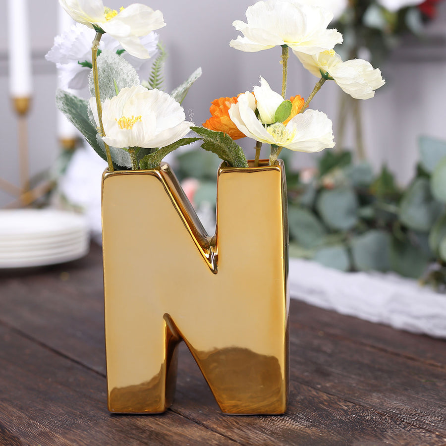 6inch Shiny Gold Plated Ceramic Letter "N" Sculpture Bud Vase, Flower Planter Pot Table Centerpiece