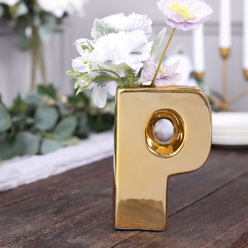 6" Shiny Gold Plated Ceramic Letter "P" Sculpture Bud Vase, Flower Planter Pot Table Centerpiece