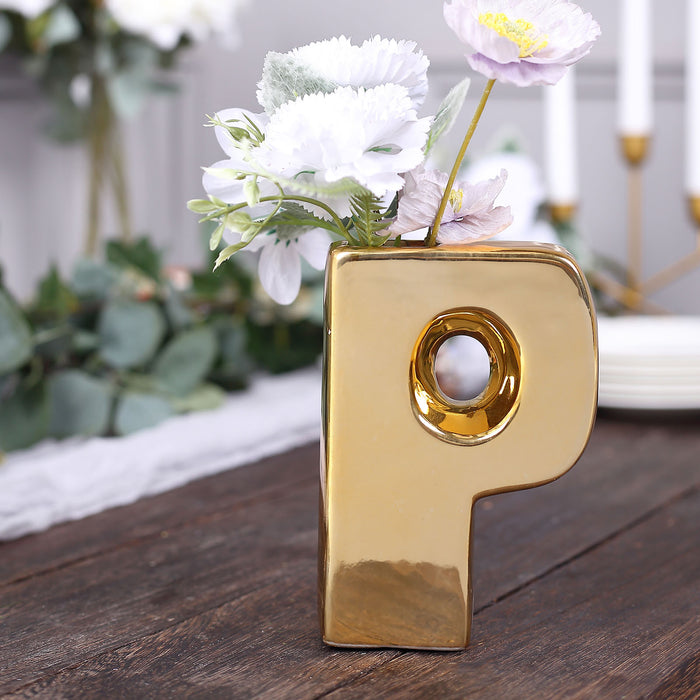 6inch Shiny Gold Plated Ceramic Letter "P" Sculpture Bud Vase, Flower Planter Pot Table Centerpiece