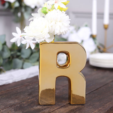6" Shiny Gold Plated Ceramic Letter "R" Sculpture Bud Vase, Flower Planter Pot Table Centerpiece