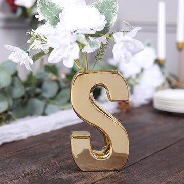 6" Shiny Gold Plated Ceramic Letter "S" Sculpture Bud Vase, Flower Planter Pot Table Centerpiece