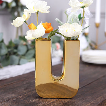 6" Shiny Gold Plated Ceramic Letter "U" Sculpture Bud Vase, Flower Planter Pot Table Centerpiece