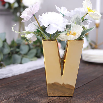 6" Shiny Gold Plated Ceramic Letter "V" Sculpture Bud Vase, Flower Planter Pot Table Centerpiece