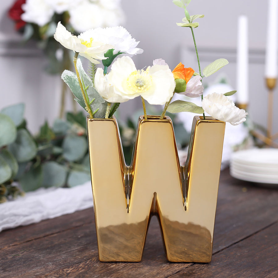 6inch Shiny Gold Plated Ceramic Letter "W" Sculpture Bud Vase, Flower Planter Pot Table Centerpiece