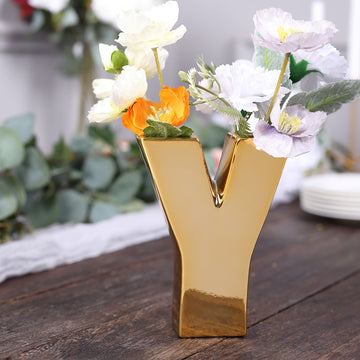 6" Shiny Gold Plated Ceramic Letter "Y" Sculpture Bud Vase, Flower Planter Pot Table Centerpiece