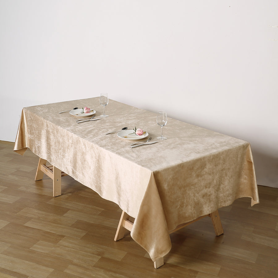 60x102inch Champagne Seamless Premium Velvet Rectangle Tablecloth, Reusable Linen