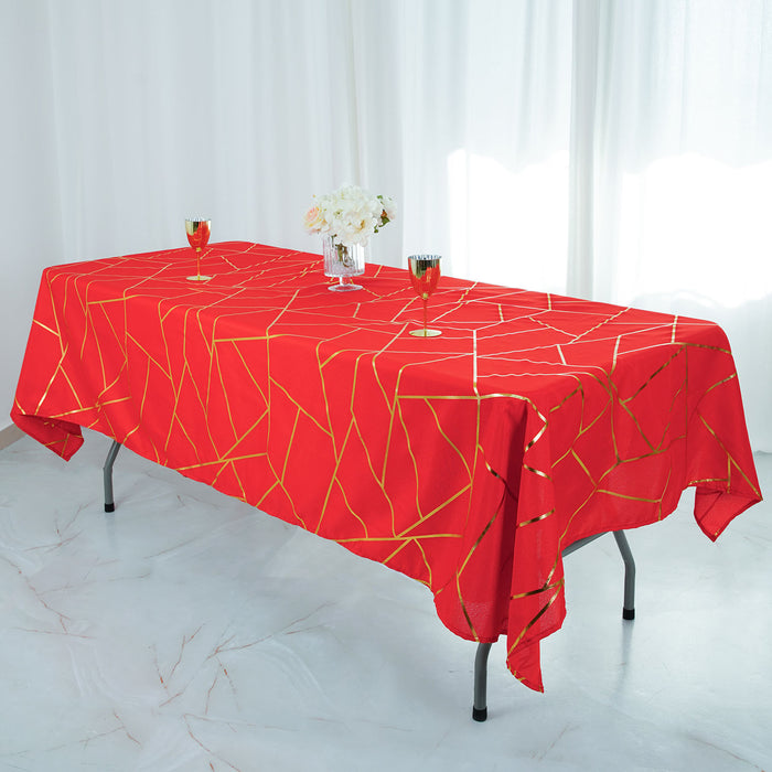 60inch x 102inch Red Rectangle Polyester Tablecloth With Gold Foil Geometric Pattern