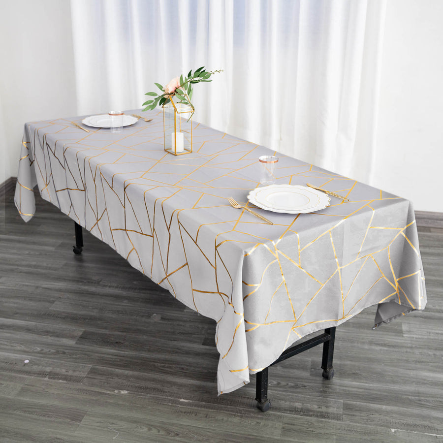 60inch x 102inch Silver Rectangle Polyester Tablecloth With Gold Foil Geometric Pattern