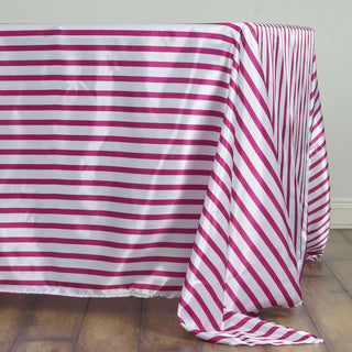 Elevate Your Event Decor with the White/Fuchsia Stripe Tablecloth