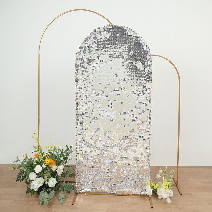 6ft Sparkly Silver Double Sided Big Payette Sequin Chiara Backdrop Stand Cover For Fitted Round Top
