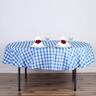 70" White/Blue Seamless Buffalo Plaid Round Tablecloth