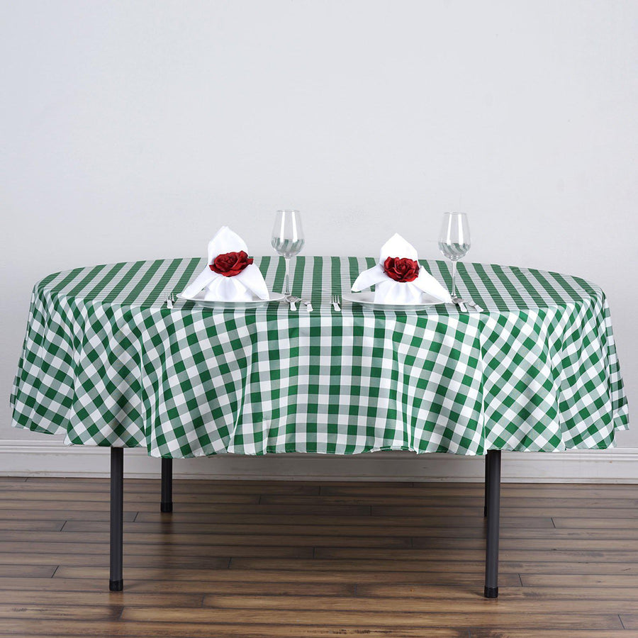 Buffalo Plaid Tablecloths | 70" Round | White/Green | Checkered Gingham Polyester Tablecloth