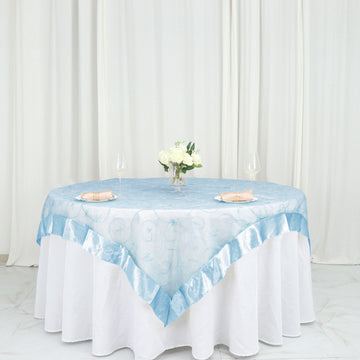 72"x72" Light Blue Embroidered Sheer Organza Square Table Overlay With Satin Edge