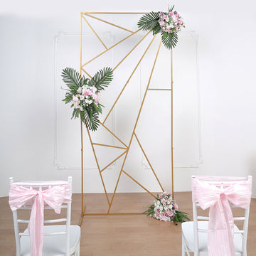 7ft Tall Gold Metal Rectangular Geometric Flower Frame Prop Stand, Wedding Backdrop Floor Stand With Cloudy Film Insert