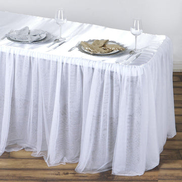 8ft Rectangular White 3 Layer Skirted Tablecloth, Fitted Tulle Tutu Satin Pleated Table Skirt