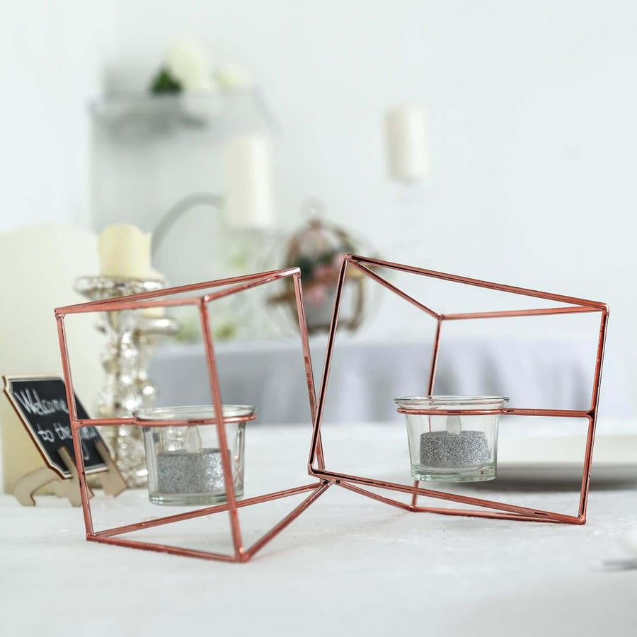 9" Rose Gold Geometric Candle Holder Set | Linked Metal Geometric Centerpieces with Votive Glass Holders