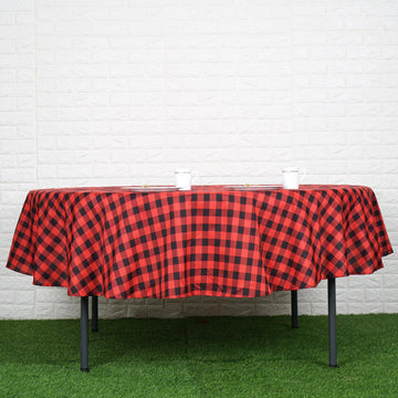90" | Black/Red Seamless Buffalo Plaid Round Tablecloth, Gingham Polyester Checkered Tablecloth