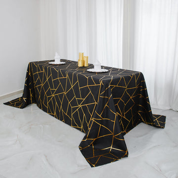 90"x132" Black Seamless Rectangle Polyester Tablecloth With Gold Foil Geometric Pattern