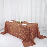 Terracotta (Rust) Seamless Rectangle Polyester Tablecloth Gold Foil Geometric Pattern 90x132inch