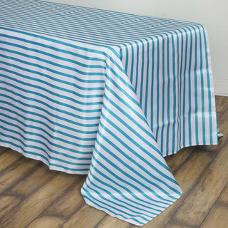 Elevate Your Event with the Stunning White/Turquoise Seamless Stripe Satin Rectangle Tablecloth