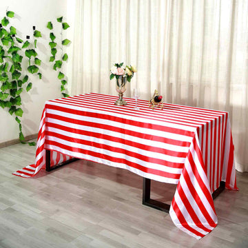 90"x156" | Red / White Seamless Stripe Satin Rectangle Tablecloth