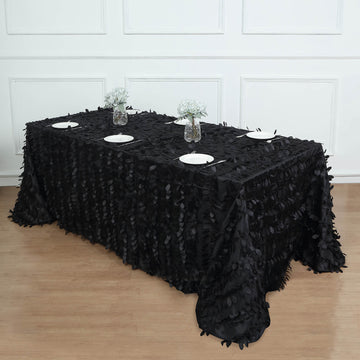 90"x156" Black 3D Leaf Petal Taffeta Fabric Seamless Rectangle Tablecloth