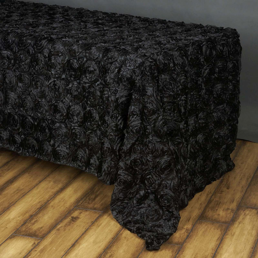 90"x156" BLACK Wholesale Grandiose Rosette 3D Satin Tablecloth For Wedding Party Event Decoration