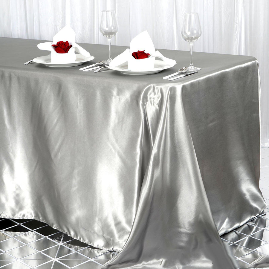 90x156 Silver Satin Rectangular Tablecloth