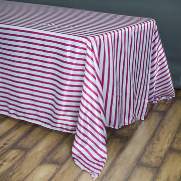 90"x156" White/Fuchsia Seamless Stripe Satin Rectangle Tablecloth