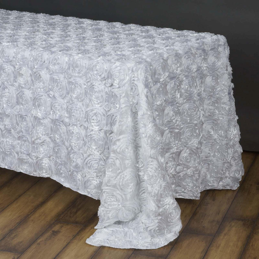 90"x156" WHITE Wholesale Grandiose Rosette 3D Satin Tablecloth For Wedding Party Event Decoration